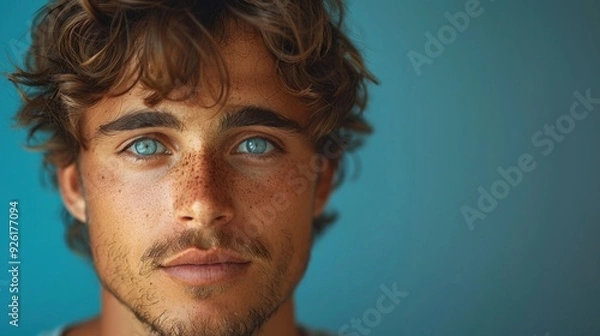 Fototapeta Young man with a playful expression standing against a solid studio background
