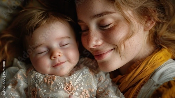 Obraz Young mother smiling down at newborn baby