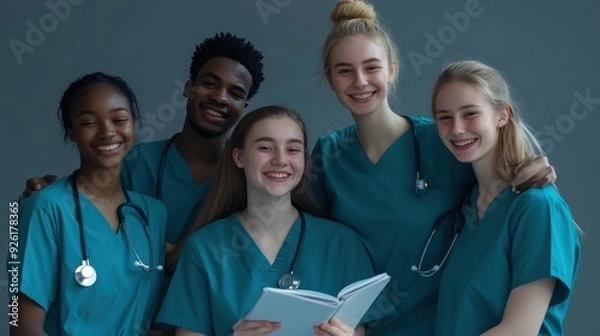 Fototapeta Five healthcare students pose together, all smiles, while holding a medical textbook in a study session