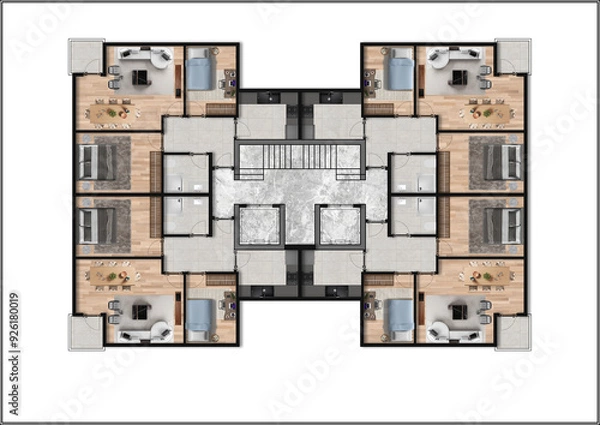 Fototapeta Floor plan of a modern apartment with 4 flats. Top view. Architectural CAD drawing, photoshop plan rendering, coloured and furnished. Plan illustration.
