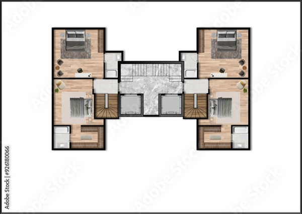 Obraz Attic Floor plan of a modern duplex apartment with 2 flats. Top view. Architectural CAD drawing, photoshop plan rendering, coloured and furnished. Plan illustration.