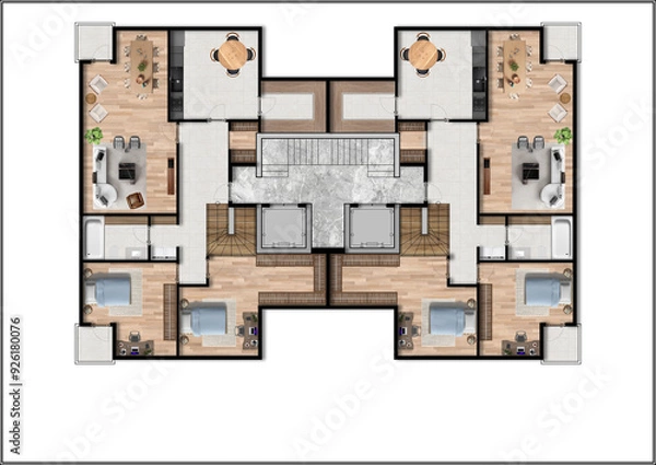 Fototapeta Floor plan of a modern duplex apartment with 2 flats. Top view. Architectural CAD drawing, photoshop plan rendering, coloured and furnished. Plan illustration.