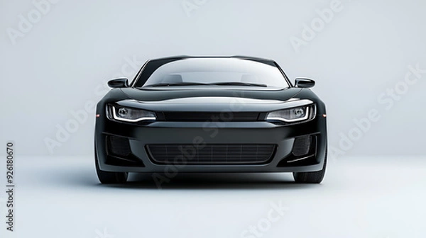 Fototapeta Front of a modern black compact car Front view of a generic and brand less modern car Black car front-side isolated with clipping path over white background, Generative AI