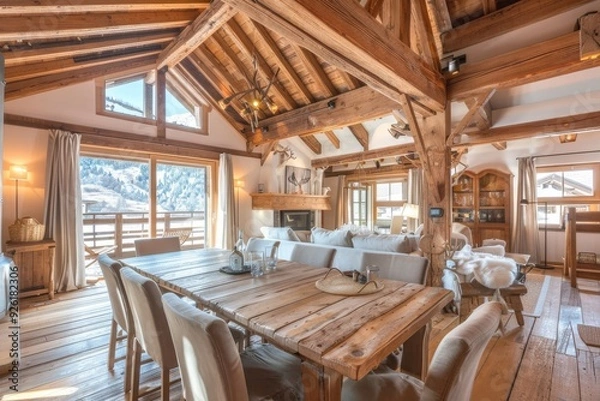 Obraz Rustic Wooden Dining Room Interior with Mountain View.