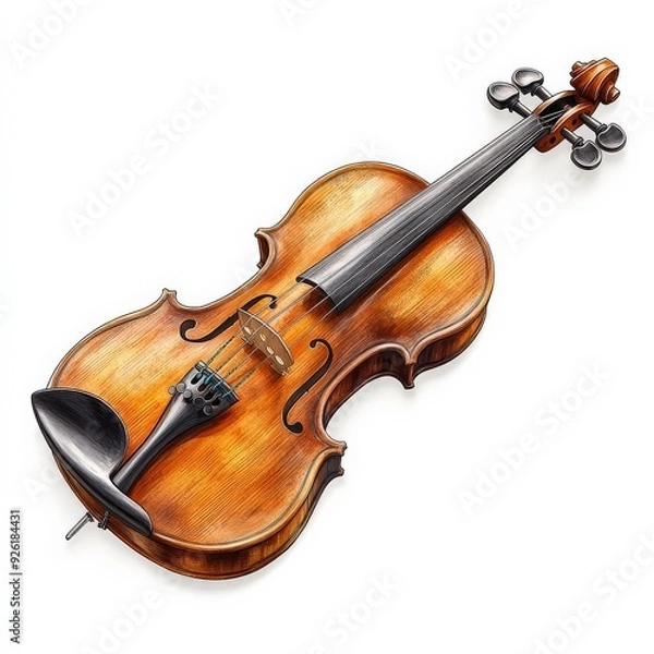 Fototapeta A single violin clipart, string instrument element, detailed wood grain, isolated on white background