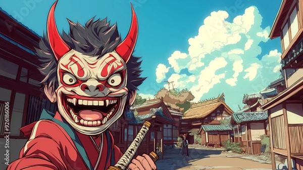 Obraz Anime Character Wearing Smiling Japanese Oni Mask with Cinematic Background