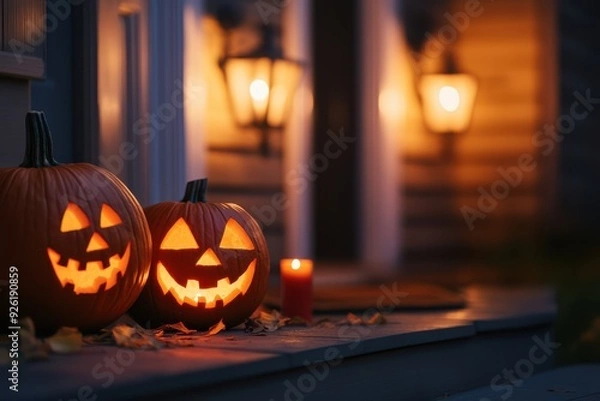 Obraz Halloween pumpkins on a fuzzy background of an American porch with glowing faces