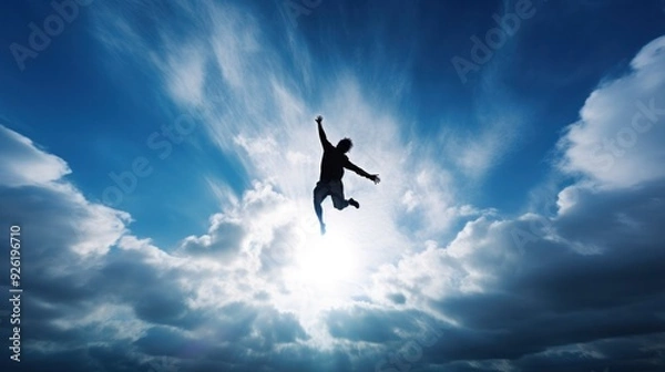 Fototapeta Dark silhouette of an individual leaping upward with a clear blue sky and fluffy white clouds