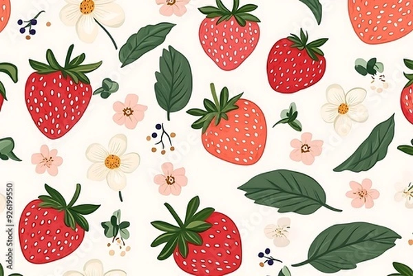 Fototapeta Seamless pattern with cute Strawberry and flower illustrations,a simple design for baby room decor and nursery decoration
