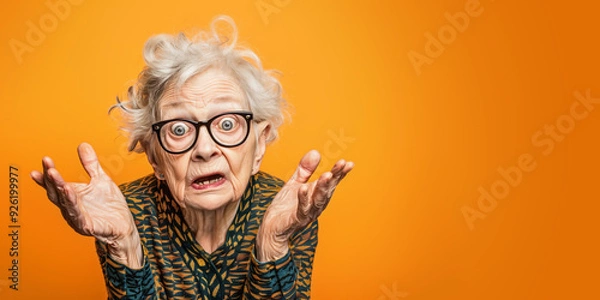 Fototapeta Elderly senior woman, looking acrimonious, hands spread in front of her. Studio photo, copy space on side. Generative AI