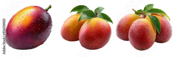 Obraz Fresh Whole Mangoes with Water Droplets and Leaves on Transparent Background for Tropical Fruit Illustrations and Healthy Food Concepts