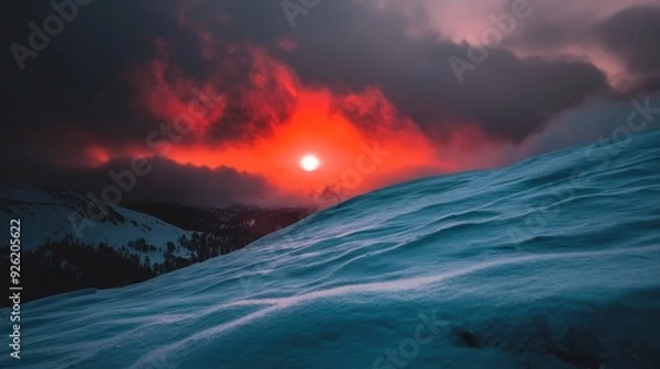 Obraz  A snow-covered hill beneath a cloudy sky Sun sets in the distance, clouds in the foreground