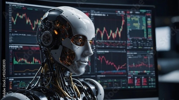 Fototapeta Robot with stock chart backdrop, Automated trading, ML in finance, Investment.