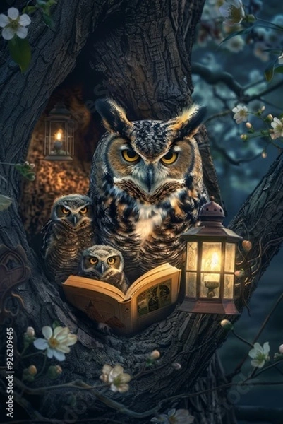 Fototapeta A family of cute owls with their mother in a cozy hollow listen to a bedtime story.