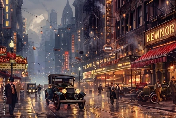 Obraz Bustling New York Street Scene in 1920s with Flappers and Jazz Ambiance.