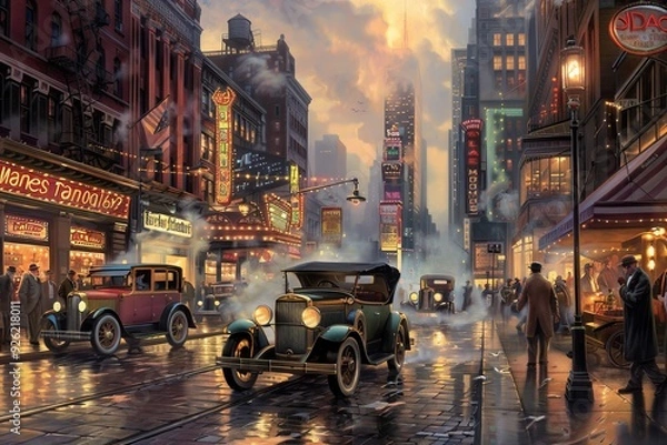 Obraz Bustling New York Street Scene in the 1920s with Flappers and Cars.