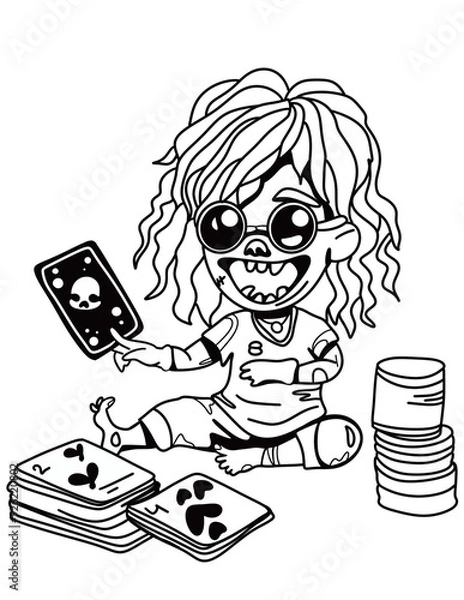 Obraz A cute black and white monstrous witch with magic cards. With messy hair, wide smile, wearing dark glasses and reading tarot cards the character adds spooky playful touch.