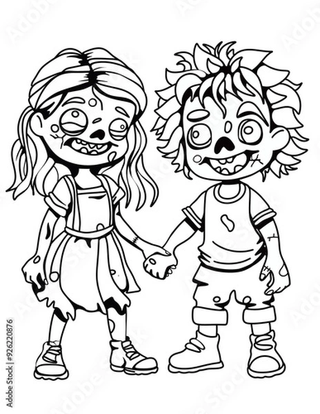 Fototapeta A cute black and white illustration of cool monster girl and boy holding hands. With messy hair and a wide smile, the couple adds carefree, quirky vibe for Halloween or character-driven designs.