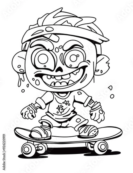 Obraz A cool black and white drawing of funny zombie boy skateboarding. With messy hair, wide smile and tattered clothes, he exudes a playful, carefree vibe. Perfect for quirky, Halloween-themed designs.