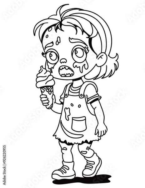 Fototapeta A cute black and white zombie girl holding an ice cream cone. She has wide eyes, and tattered dress. She is  more adorable than spooky. The ice cream adds fun touch for spooky Halloween illustration.