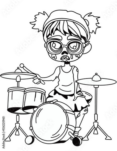 Fototapeta Cute black and white drawing of zombie girl drumming. With stitched limbs and a cool expression, she wears tattered clothes and glasses. Playful, spooky design for Halloween or music-t