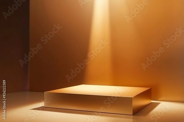 Fototapeta Warm golden square podium with soft sunlight streaming in, set on a gradient background transitioning from gold to orange, ideal for beauty products. Made with generative AI technology