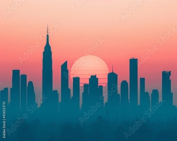 Fototapeta Silhouette of a city skyline with a large sun setting in the distance.  A pink and blue color palette evokes a sense of calm and serenity.