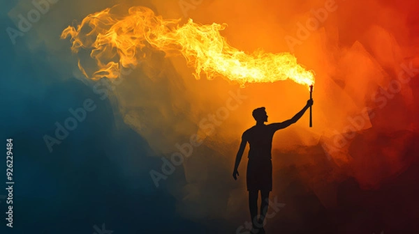 Obraz A man stands confidently, holding a fire on stick that illuminates the dark background with vibrant flames