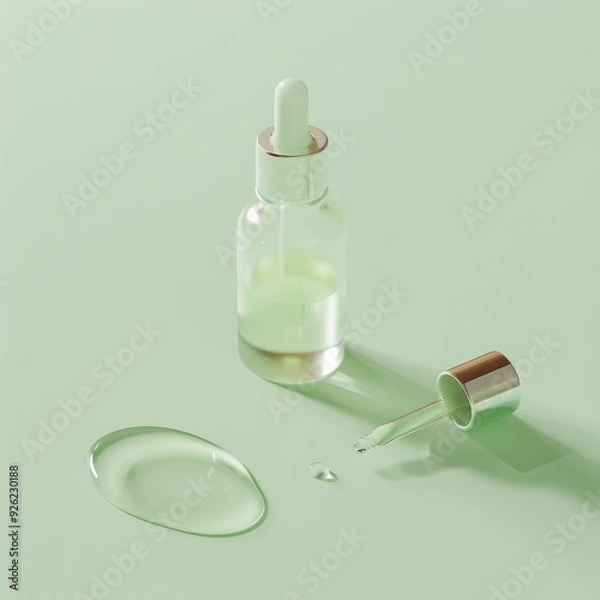 Fototapeta A pristine glass serum bottle with a dropper is displayed on a pastel green background, emphasizing simplicity and elegance in beauty care.