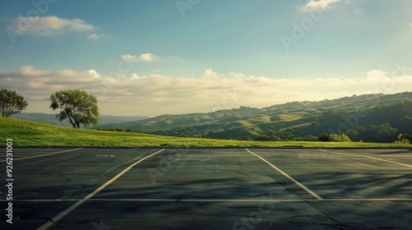 Obraz Parkplatz mit grünen Hügeln - Generative AI