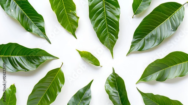 Obraz Top view of mango leaves on white background ,Fresh green citrus leaves on white background, top view ,Green leave isolated over white background with clipping path