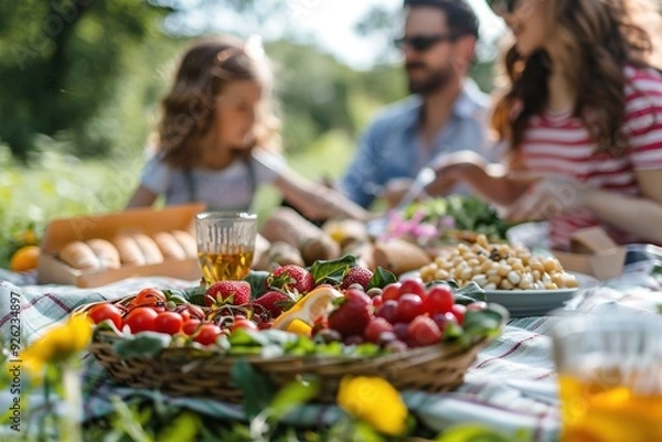 Fototapeta A family is enjoying a picnic in the park, with a basket full of fresh fruits