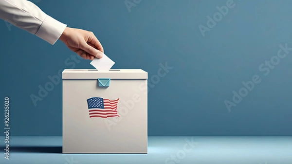 Fototapeta Male hand holding a ballot and inserting it into a ballot box with the American flag on solid blue background with copy space. US election concept