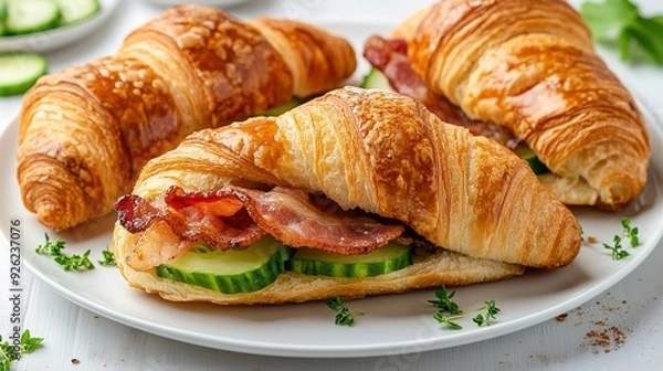 Fototapeta Documentary Style Image of a Croissant Sandwich with Bacon and Cucumbers on a Plate Against a White Background