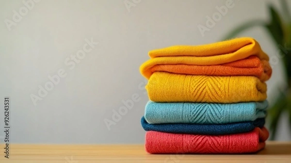 Fototapeta Neatly Stacked Bright Folded Clothes on Table with Light Background