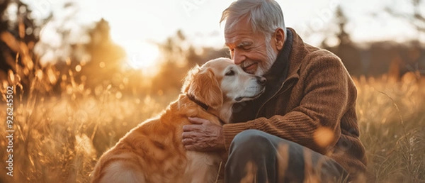 Fototapeta Elderly senior man playing with his dog outside, sun setting down in background. Generative AI