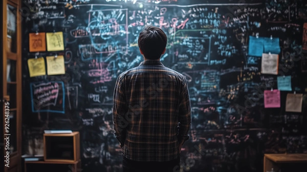 Fototapeta A man with his back turned, standing in front of an old blackboa