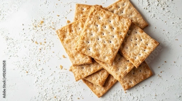 Fototapeta Delicious Crispbreads Displayed on White Textured Table, Top View