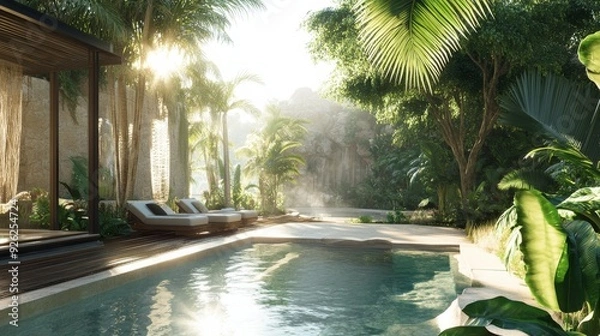 Obraz A serene pool area surrounded by tropical plants, showcasing sunlight streaming through the trees, creating a peaceful atmosphere