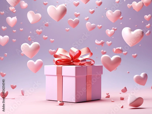 Fototapeta Red background with heartsballoons and gift packages with copy space.