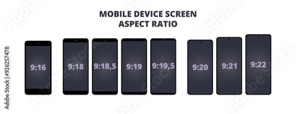 Obraz Vector set of mobile device screen aspect ratio isolated on white background. The most common aspect ratios of phones or smartphones. 9:16, 9:18, 9:19, 9:20, 9:21, 9:22. The ratio of width to height.