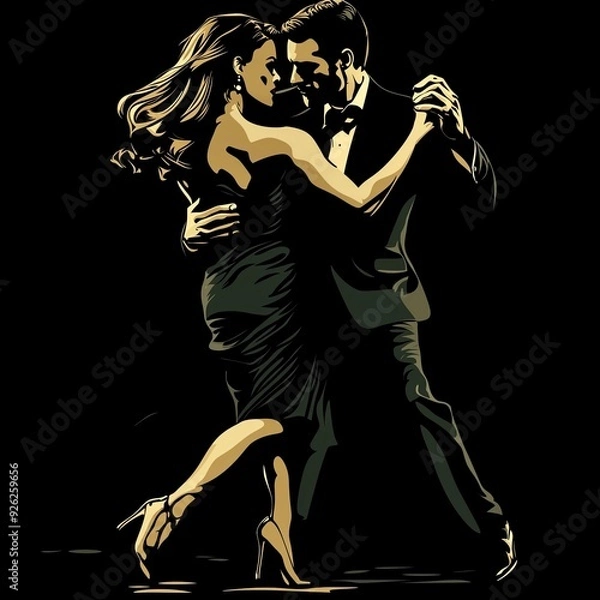 Fototapeta An elegant couple shares a passionate dance, dressed in formal attire with a flowing gown and tuxedo, captured in a timeless, romantic moment.