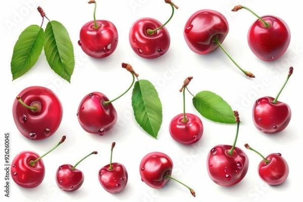 Fototapeta Bright red cherries on a clean white background. Each cherry is unique with vibrant leaves. Perfect for food blogs or health articles. Generative AI