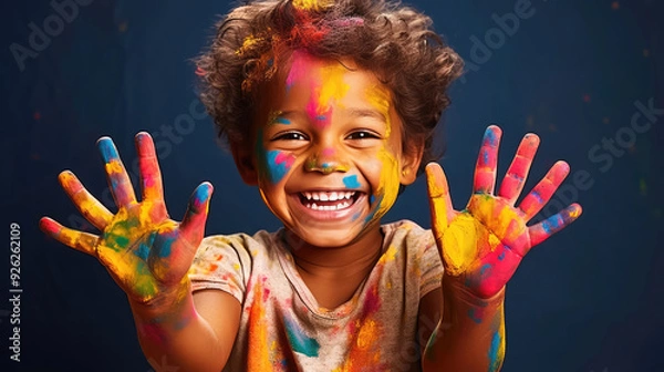 Obraz Colorful Artistry: Happy Child Stained with Paint