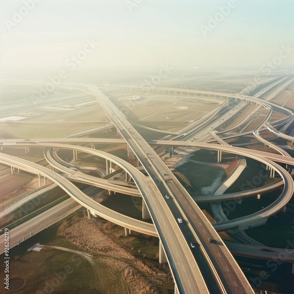 Fototapeta An intricate network of broad, interconnected highways stretches out beneath the morning light, emphasizing modern infrastructure and urban planning.
