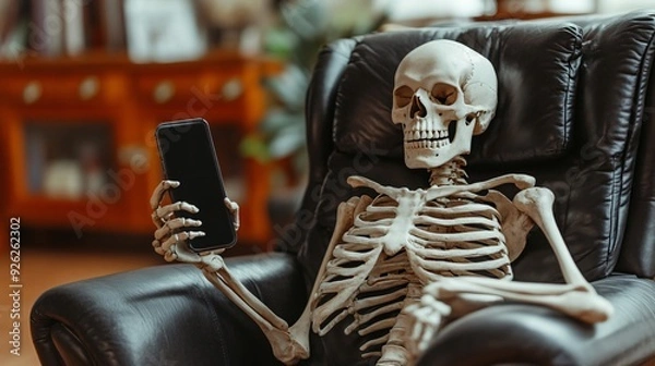 Fototapeta Skeleton Waiting Concept with Smartphone