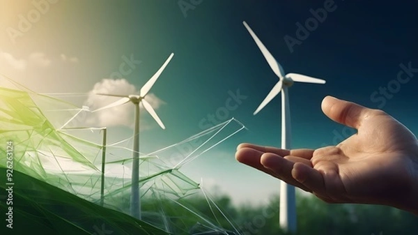 Fototapeta Abstract Hand Holding Wind Turbine, Renewable Energy, Low Poly Style, Geometric Background, Modern 3D Vector