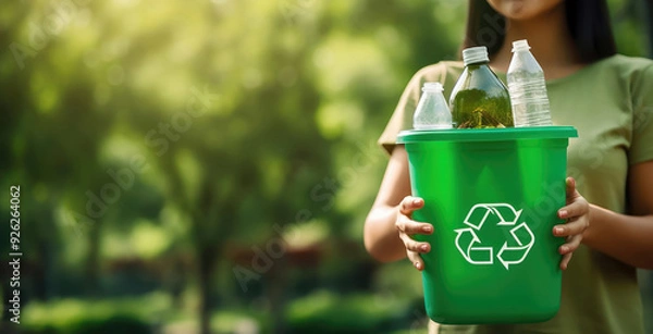 Obraz Environmental Responsibility: Human Hands Holding Recycling Bin