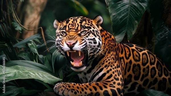 Fototapeta A powerful image of a jaguar growling amidst lush green jungle foliage. The image vividly conveys the raw strength and beauty of the majestic jungle beast in its natural environment.