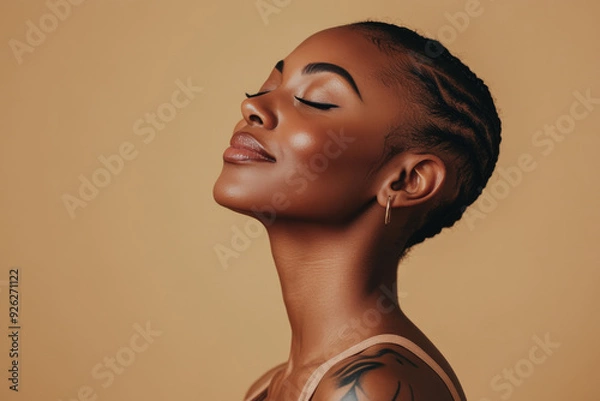 Fototapeta A close up of a tattooed black woman's face with her eyes closed